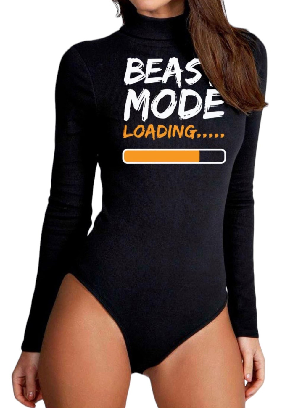 Beast Mode Print Mock Neck Long Sleeve Bodysuit