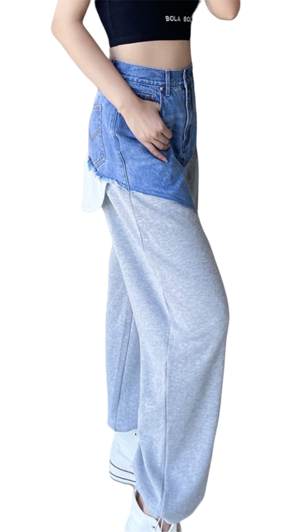 Denim Contrast Straight Leg Sweatpants