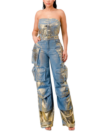 Gold Paint Denim Strapless Cargo Jumpsuit - Boutique Salone