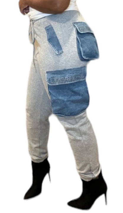 Denim Contrast Cargo Sweatpants